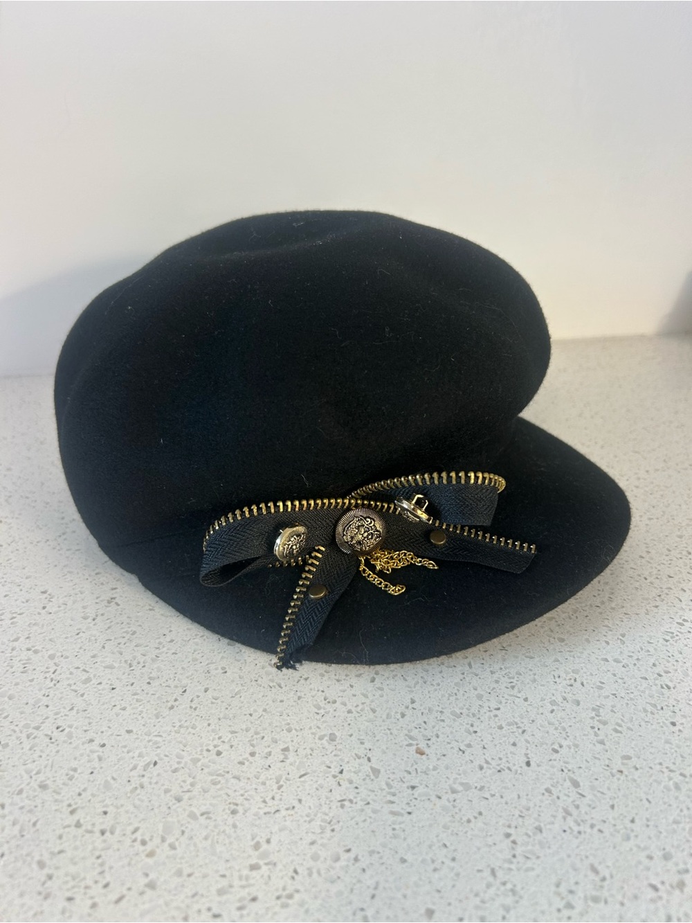 Vintage Black Women's Cap with Gold Zipper Ribbon & Chain Accents